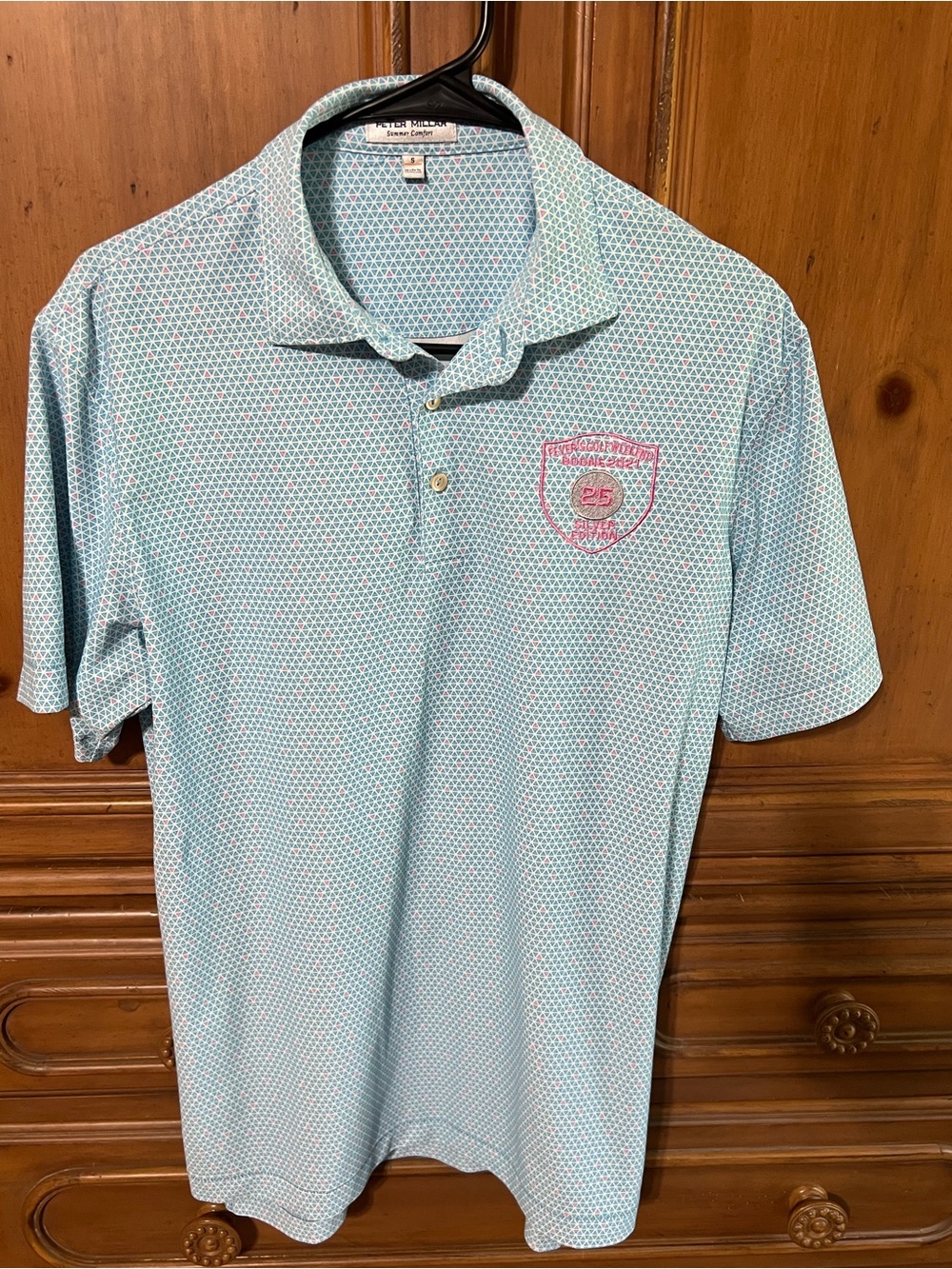 Peter Millar Men's Light Blue Patterned Polo Shirt small